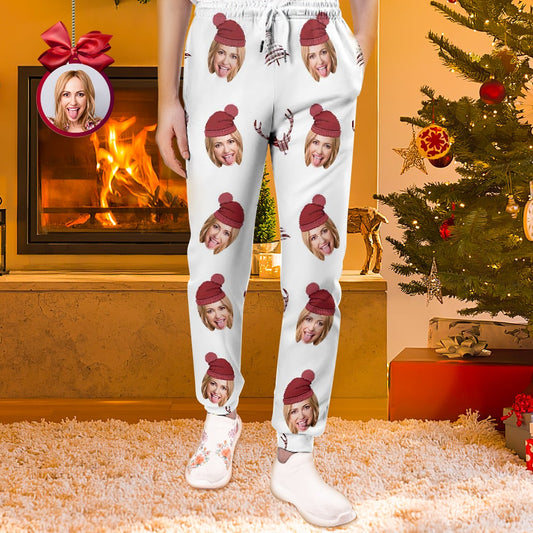 White personalised girlfriend face sweatpants front view featuring a large customised photo print on the thigh, custom unisex joggers gift for girlfriend