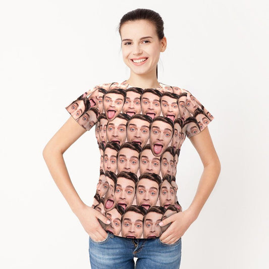 White personalised unisex tee with a prominent custom face print — polyester, heat-transfer print ideal as a personalised gift