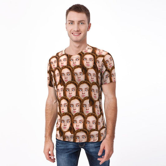 White personalised unisex tee with a prominent custom face print — polyester, heat-transfer print ideal as a personalised gift
