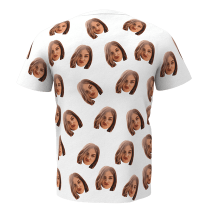 Custom face t-shirt sample showing a personalised photo face print — personalised photo tee for him with high-quality durable print, available in white or black, perfect gift for husband, dad or grandad.