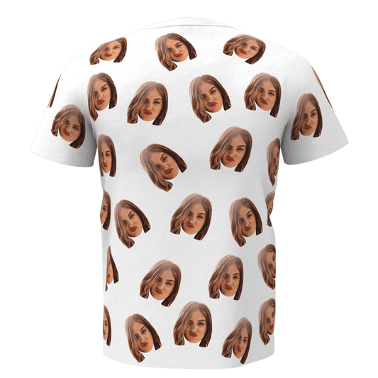 Custom face t-shirt sample showing a personalised photo face print — personalised photo tee for him with high-quality durable print, available in white or black, perfect gift for husband, dad or grandad.