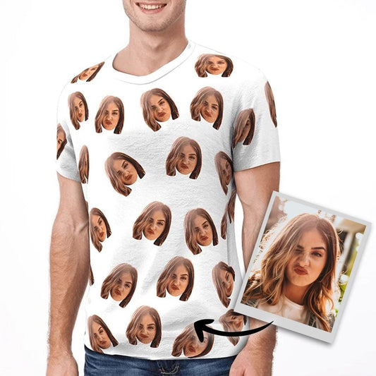 Custom face t-shirt sample showing a personalised photo face print — personalised photo tee for him with high-quality durable print, available in white or black, perfect gift for husband, dad or grandad.