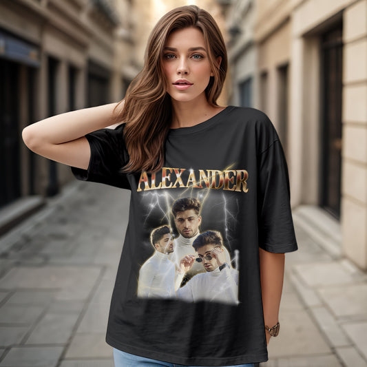 Custom Photo Vintage Tee — black personalised name T-shirt with Among Us‑inspired cartoon print and sample photo, soft polyester vintage-style tee ideal for personalised photo gifts