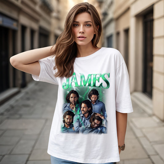Front view of white personalised vintage photo tee with custom name and Among Us-inspired print — personalised photo tee Australia, custom Among Us couple tee