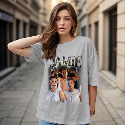 Personalised vintage grey photo tee with custom name and Among Us-inspired graphics, front view — couples custom T‑shirt in soft polyester
