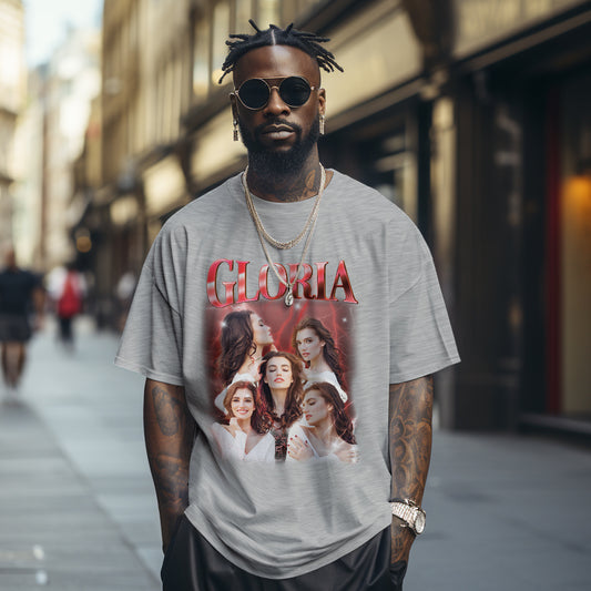 Personalised vintage grey photo tee with custom name and Among Us-inspired graphics, front view — couples custom T‑shirt in soft polyester