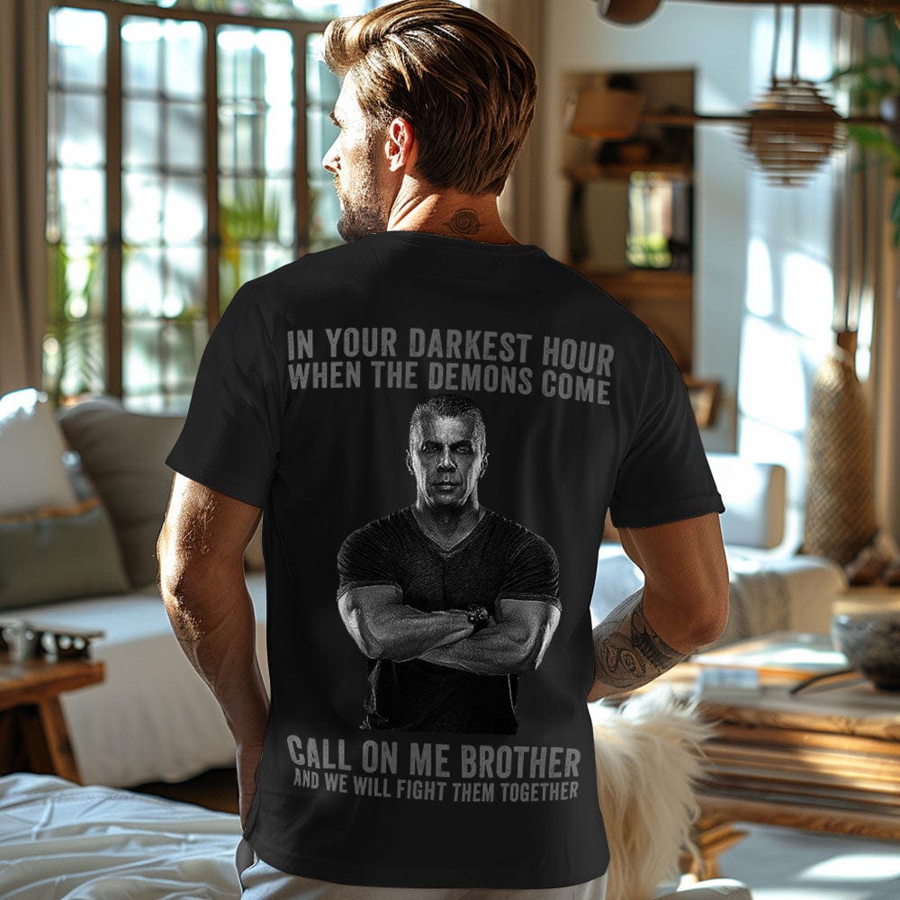 Model wearing black personalised photo t‑shirt featuring ‘In Your Darkest Hour — Call on Me Brother’ text, flattering fit and cap sleeves — gift for brothers