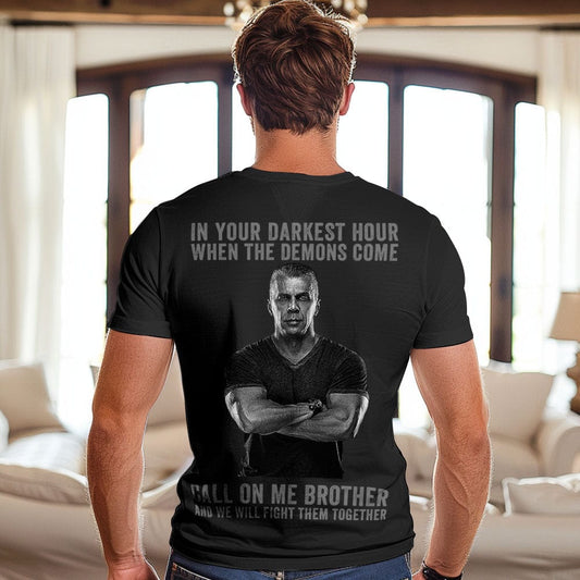 Black personalised photo t-shirt front view with sample portrait and the message ‘In Your Darkest Hour — Call on Me Brother’ — memorial gift idea