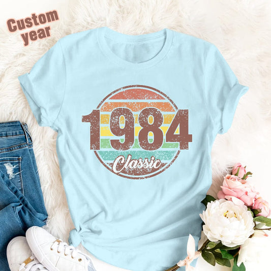 Front view of Custom Year Classic Birthday T-Shirt with personalised year print on soft milk silk polo-style tee — ideal back-to-school or birthday gift