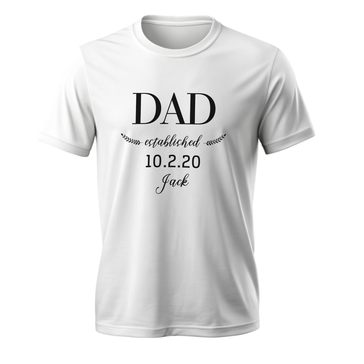Close-up of Daddy Established print on personalised T-shirt showing crisp typography and high-quality cotton finish – ideal gift for dad or grandad