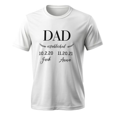 Model wearing personalised Daddy Established T-shirt – casual unisex fit, example of a personalised gift for Father's Day or birthday
