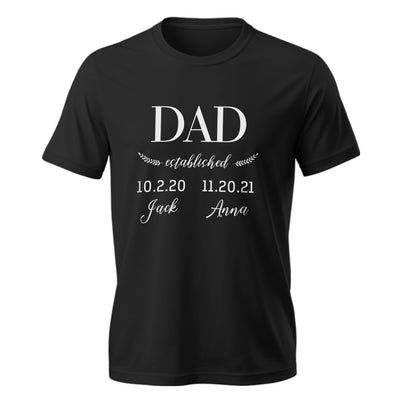 Men's fit personalised Daddy Established T-shirt shown on model to illustrate sizing and style – ideal personalised gift for him