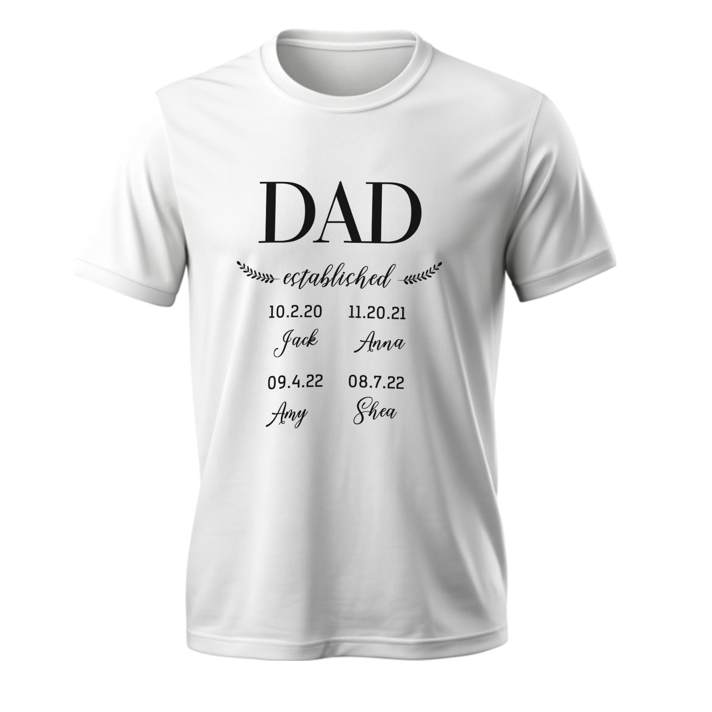 Flat lay of personalised Daddy Established T-shirt showcasing full printed design and soft cotton fabric – thoughtful gift for him