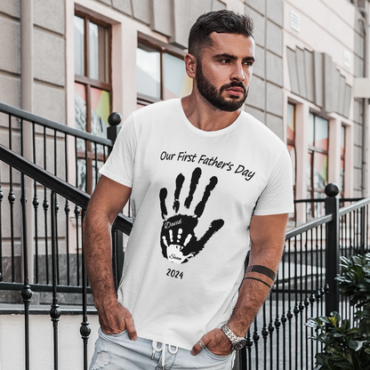 Close-up of personalised baby handprint print on soft cotton T-shirt — detailed view of personalised Father’s Day shirt print