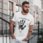 Close-up of personalised baby handprint print on soft cotton T-shirt — detailed view of personalised Father’s Day shirt print