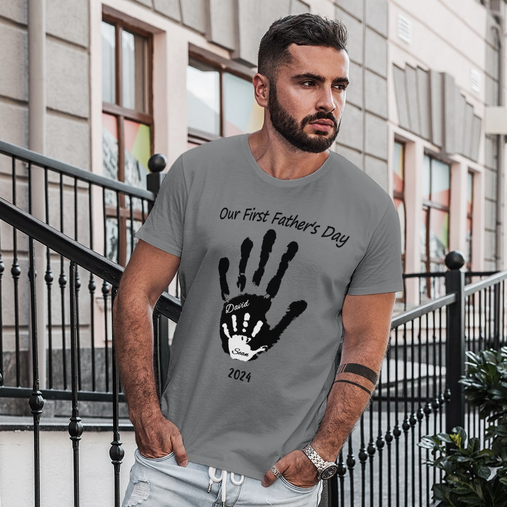 Fabric and print detail of custom Dad T-shirt showing quality cotton and engraved-style handprint — great Thanksgiving gift or keepsake for grandads