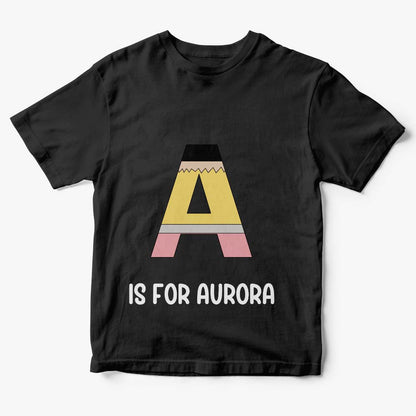 Close‑up of pencil graphic and name customisation on personalised tee — keepsake personalised name gift for children