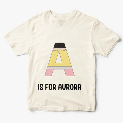 Flat lay of personalised back to school tee showing soft polyester fabric and printed pencil design — gifts for kids