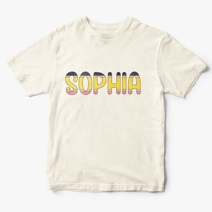 Flat‑lay of personalised name T‑shirt with pencil motif, ideal personalised gift for boys and girls