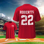 Flat-lay of personalised football name & number sports T-shirt highlighting breathable milk fibre material and neat stitching