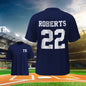 Size range display for personalised football name & number T-shirt — available in multiple sizes for kids and teens
