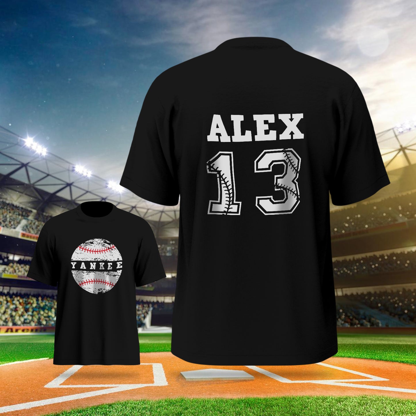 Personalised baseball T-shirt in soft Milkfiber showing sample custom name and number – perfect back-to-school gift
