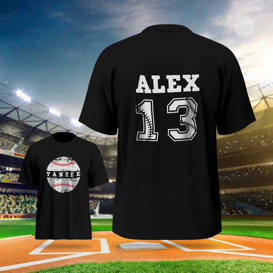 Personalised baseball T-shirt in soft Milkfiber showing sample custom name and number – perfect back-to-school gift