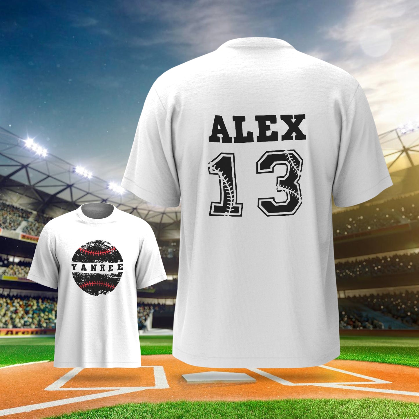 Child model wearing personalised baseball tee with custom name and number