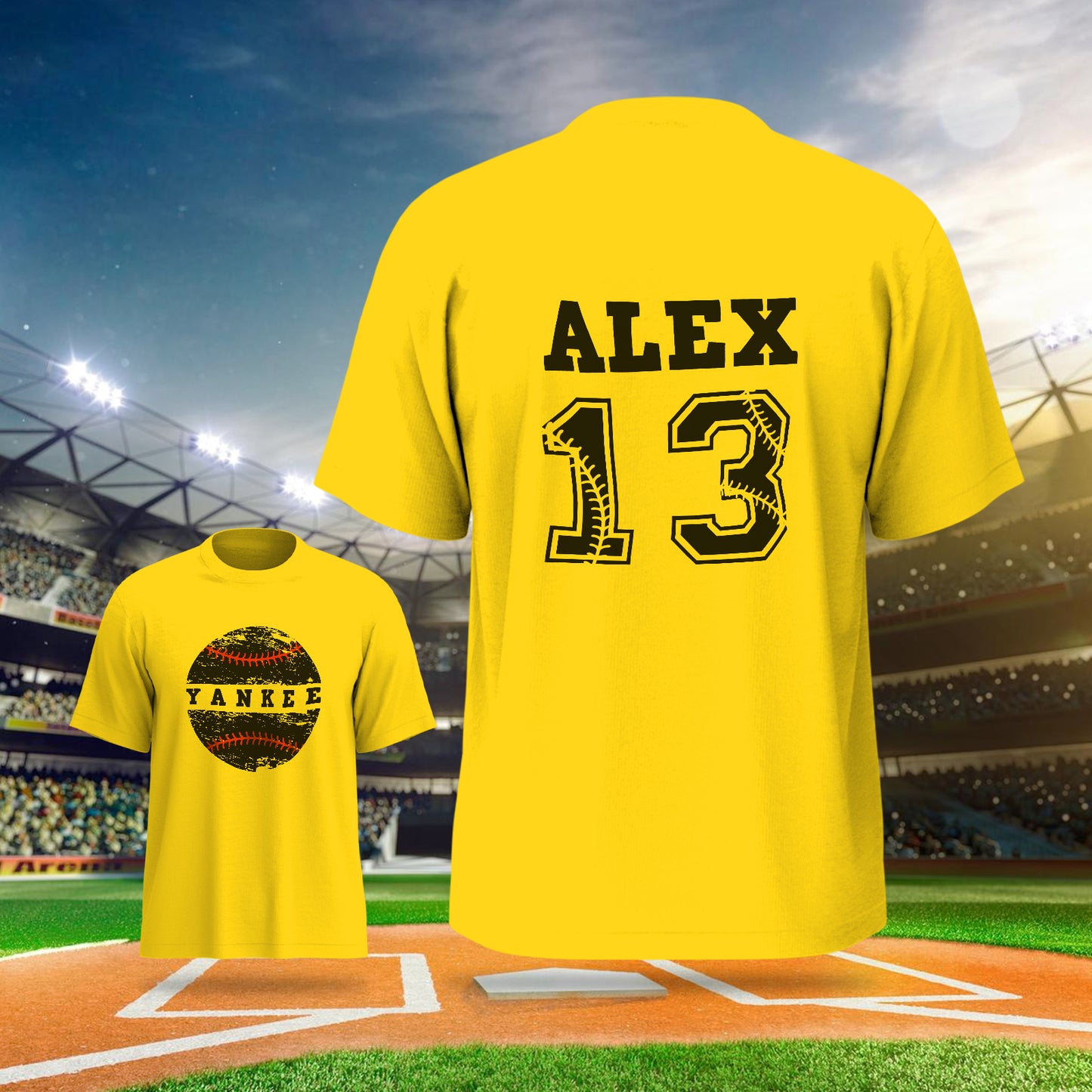 Size and fit example of personalised baseball tee on a child model