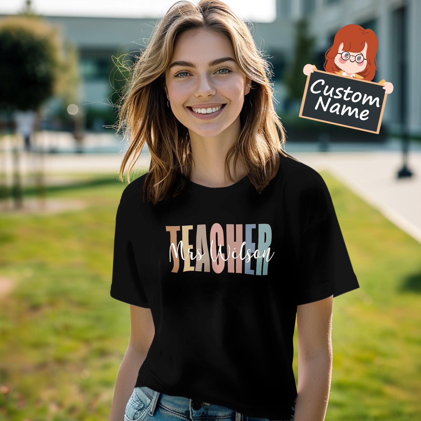 Personalised Teacher T‑Shirt front view on model — unisex fit, ideal custom name back-to-school gift for teachers