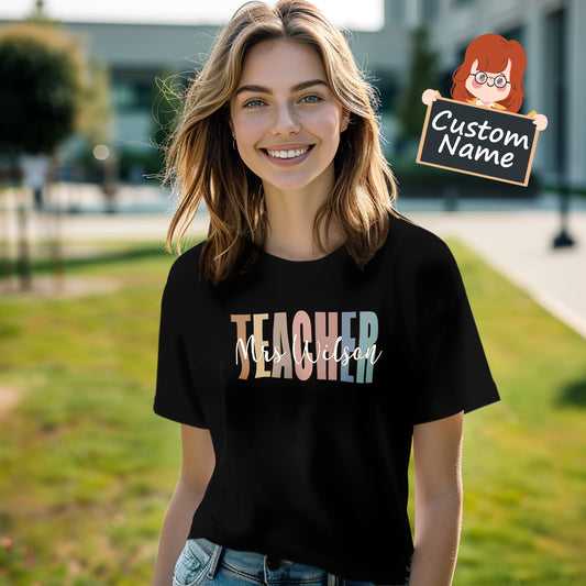 Personalised Teacher T‑Shirt front view on model — unisex fit, ideal custom name back-to-school gift for teachers