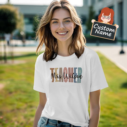 Personalised Teacher T‑Shirt front view on model — unisex fit, ideal custom name back-to-school gift for teachers