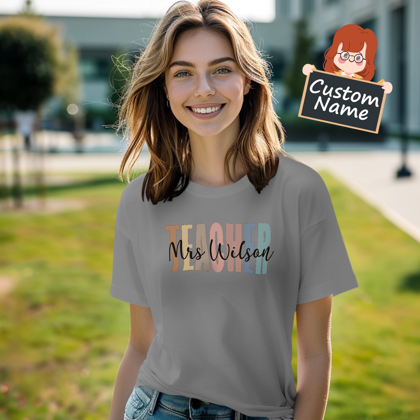 Personalised Teacher T‑Shirt back view with custom name printed across the shoulders — perfect gifts for teachers