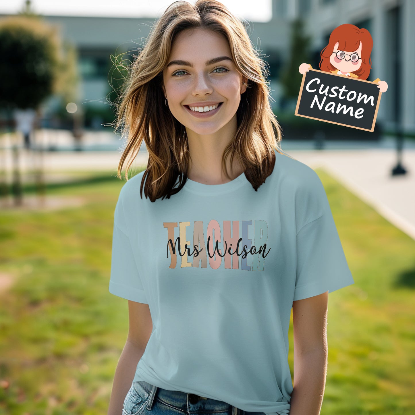 Folded personalised teacher T‑shirt showing customised name detail — thank-you gift idea for teachers and friends