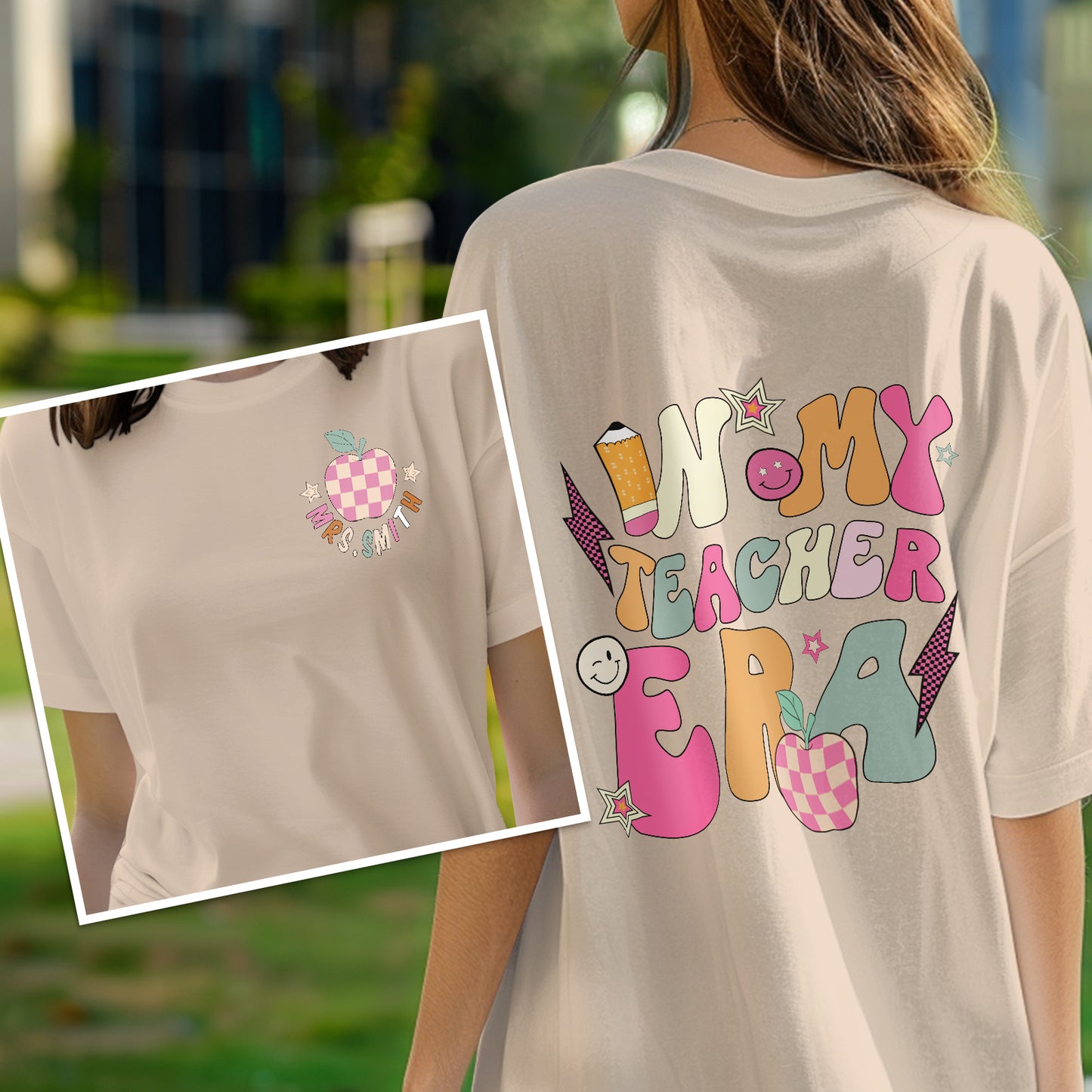 Detailed close-up of bold 'In My Teacher Era' print and custom name on durable polyester fabric