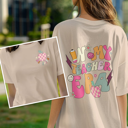 Detailed close-up of bold 'In My Teacher Era' print and custom name on durable polyester fabric
