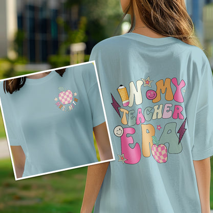 High-resolution close-up of print quality on polyester 'In My Teacher Era' tee – crisp custom name detail