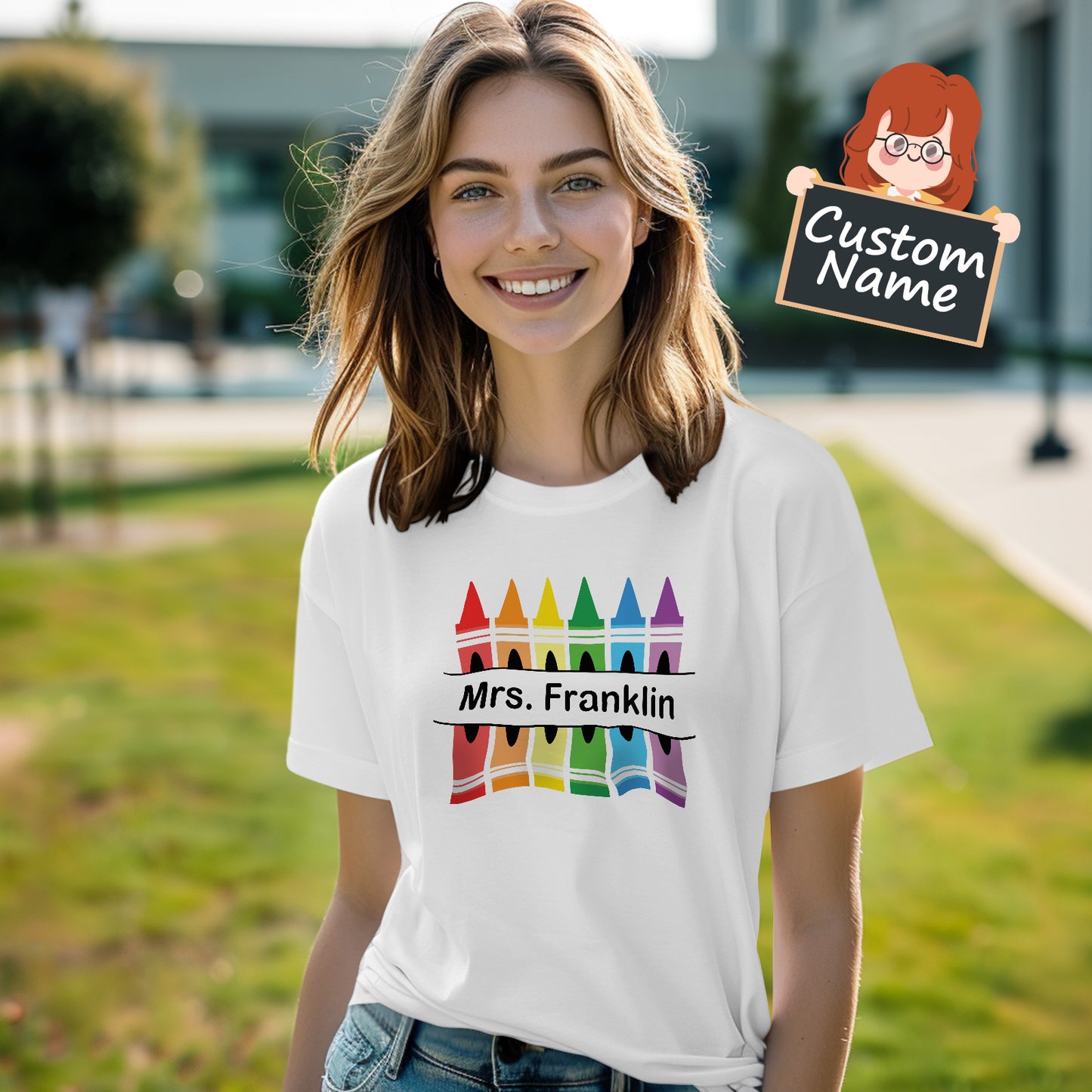 Back view of personalised crayon teacher T-Shirt displaying a custom name printed across the back – ideal Back to School and teacher appreciation gift, polyester tee (AU & UK)