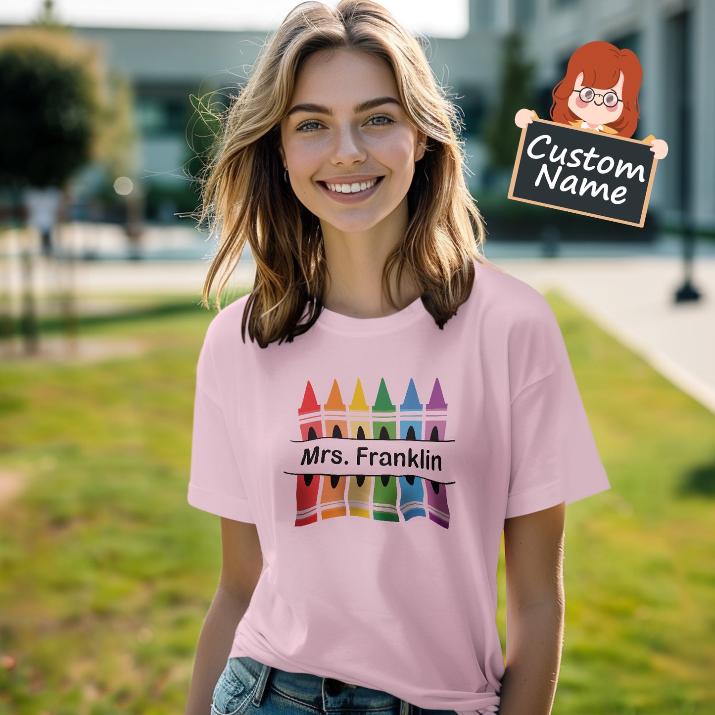 Model wearing personalised crayon teacher T-Shirt showcasing the crayon artwork and custom name on a comfortable lightweight polyester top – perfect teacher gift