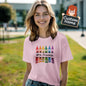 Model wearing personalised crayon teacher T-Shirt showcasing the crayon artwork and custom name on a comfortable lightweight polyester top – perfect teacher gift
