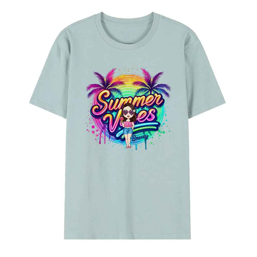 Personalized Cartoon Summer Vibes T-shirt with Name T-shirt Holiday Gift for Her