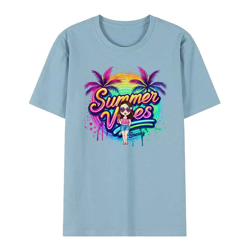 Personalized Cartoon Summer Vibes T-shirt with Name T-shirt Holiday Gift for Her