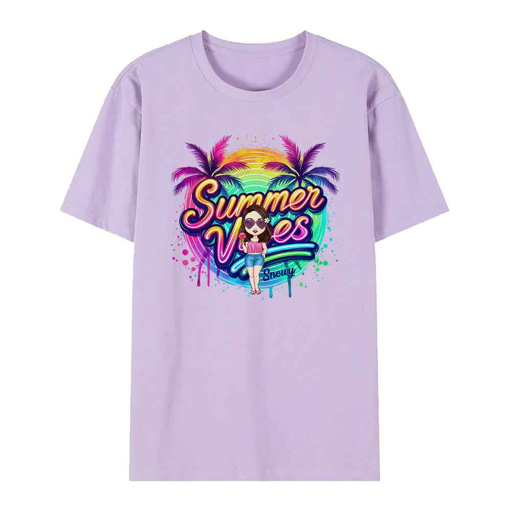 Personalized Cartoon Summer Vibes T-shirt with Name T-shirt Holiday Gift for Her