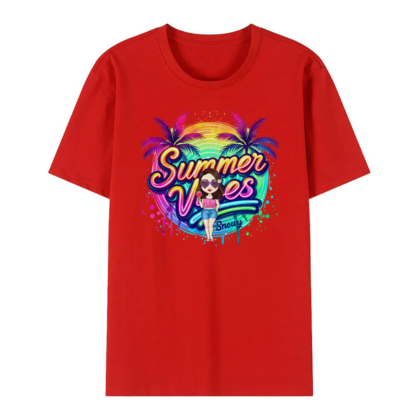 Personalised Cartoon Summer Vibes Name T-Shirt | Holiday Gift for Her