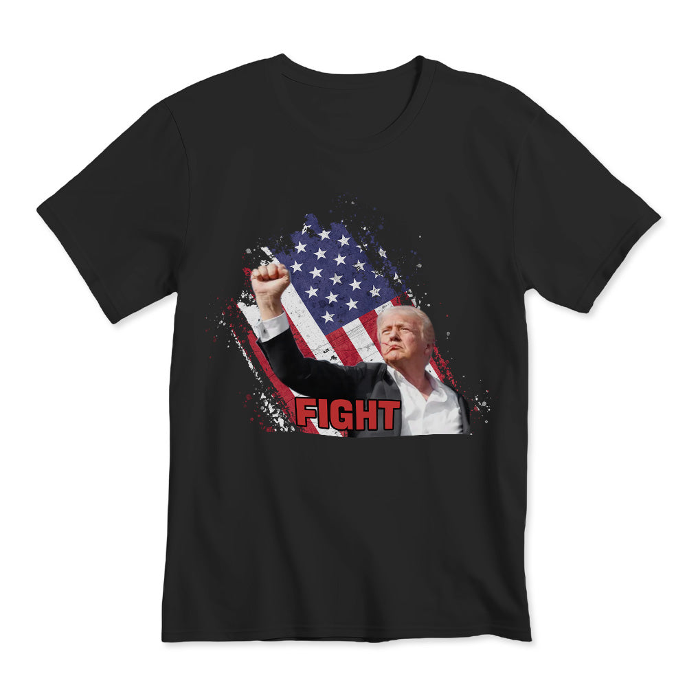 Flat-lay of Fight! Donald Trump T-shirt – personalised gift option for supporters in Australia and the UK