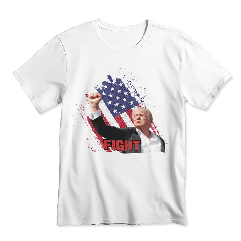 Front view of Fight! Donald Trump T-shirt showing the Fight! slogan and Make America Great Again motif