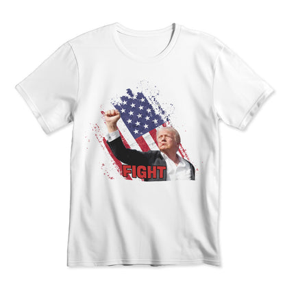 Front view of Fight! Donald Trump T-shirt showing the Fight! slogan and Make America Great Again motif