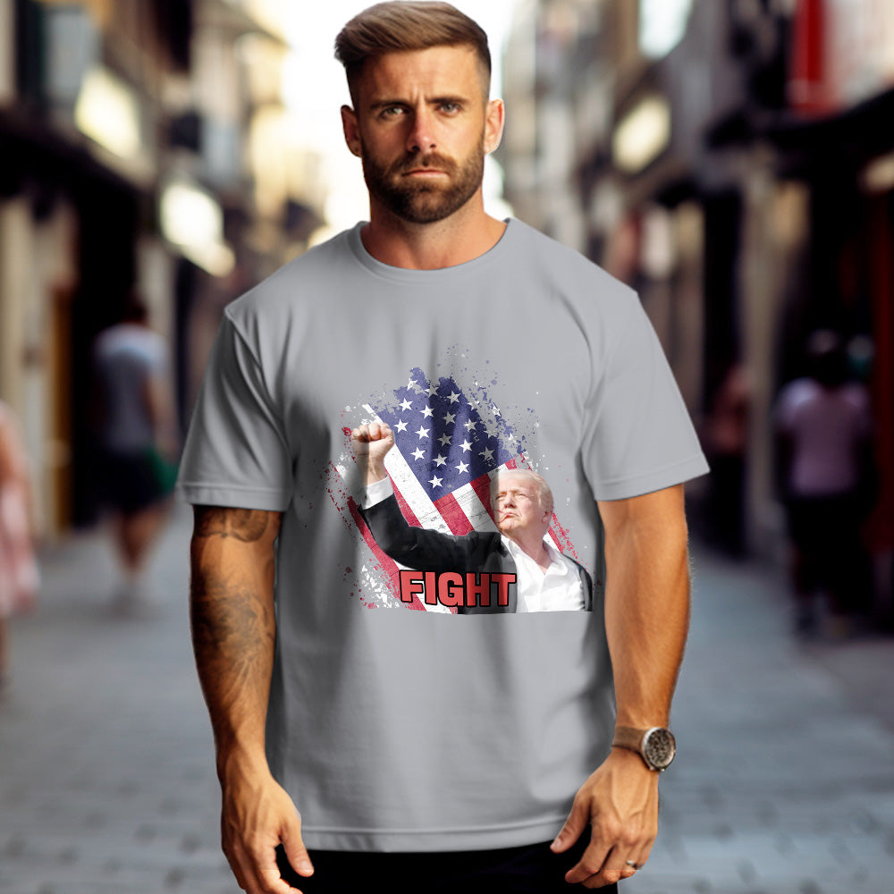 Personalisation mock-up for Fight! Donald Trump T-shirt – upload photo, music or personalised text for custom print