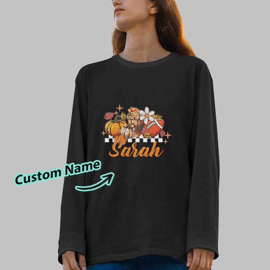Personalised Name Halloween long-sleeve T-shirt front view with custom engraved name – soft polyester, ideal Halloween top