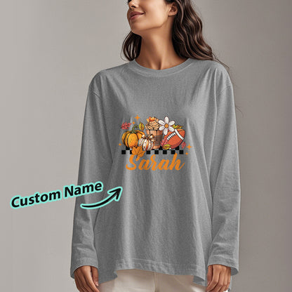 Neckline and collar detail of personalised Halloween long-sleeve T-shirt demonstrating comfortable finish and durability